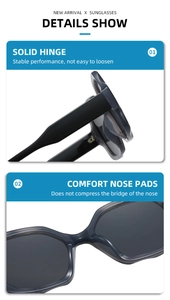 Detail of solid hinge and comfort nose pads on wave-shaped square fashion sunglasses