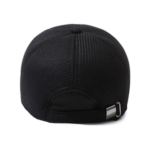 Rear view of black corduroy baseball cap for men with adjustable silver metal buckle