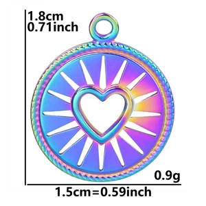 Rainbow stainless steel heart pendant with dimensions showing 1.8cm height and 1.5cm width
