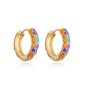 Detail of 18K gold plated hoop earrings featuring colorful enamel floral patterns
