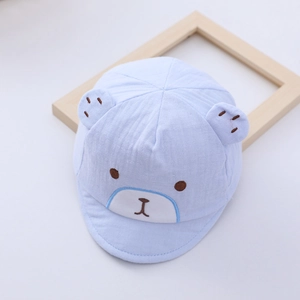 Light blue newborn cotton hat with 3D bear ears and cute cartoon embroidery design