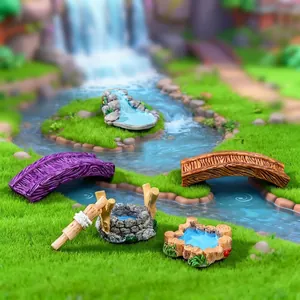 Micro landscape set featuring miniature resin bridge, well, and pond on green grass
