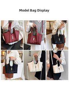 Collage of tote bag styles in burgundy and cream with crossbody and hand-carry options