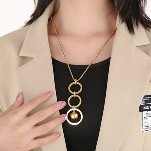 Elegant gold stainless steel necklace with three interlocking rings and round ball pendant