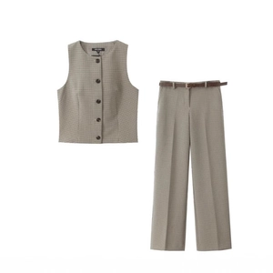 Gilet À Carreaux Et Pantalon Large Femme Élégant Décontracté Rétro Britannique Tissé Sans Manches Avec Ceinture