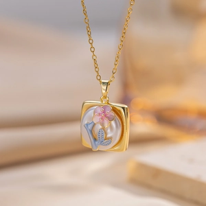 French Retro Square Pendant Necklace Titanium Steel With Enamel Floral And Shell Artificial Pearl Baroque Style Gold Tone