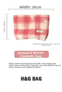 Pink checkered makeup bag dimensions 26x18cm with white bow detail and 12oz canvas lining