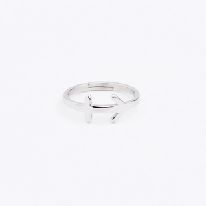 Macro detail of silver stainless steel Sagittarius zodiac arrow ring with adjustable band