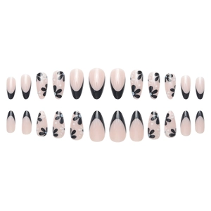 Almond-shaped press-on nails set with black French tips and white daisy floral patterns