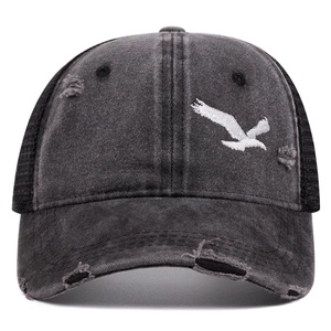 Vintage bird embroidery trucker hat in washed gray cotton with black breathable mesh back