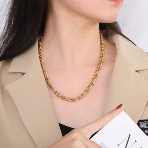 Detail shot of a fashion gold titanium NK chain necklace worn on model neck