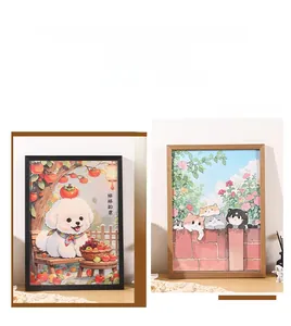 Detail of wooden puzzle frames featuring dog and cat illustrations for home wall decoration