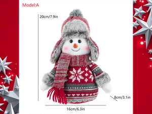 Front view of knitted plush snowman doll with detailed 20x16x8cm size measurements