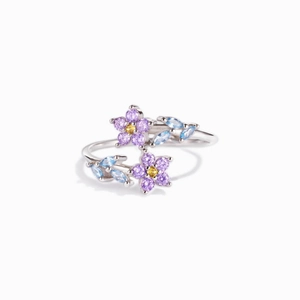 Forget-Me-Not Flower Leaf Open Ring 925 Sterling Silver Colorful Cubic Zirconia Adjustable Fashion Jewelry For Women