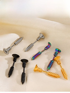 Macro detail of industrial screw stud earrings in four colors on satin silk backdrop