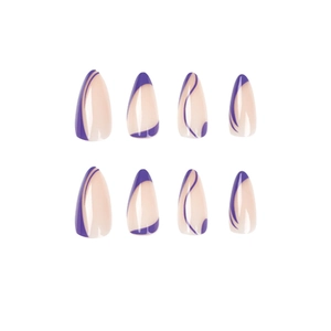 Almond press on nails featuring purple French swirls and abstract lines on nude base