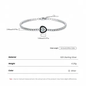 S925 Sterling Silver tennis bracelet featuring black enamel heart and cubic zirconia stones