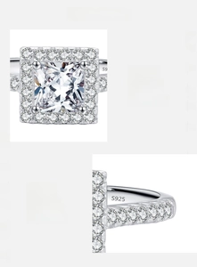 Macro shot of S925 sterling silver ring with square halo setting and 5A zircon stones