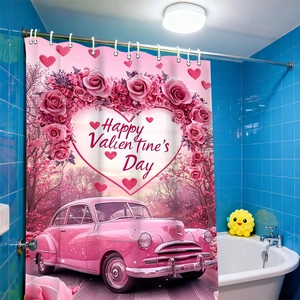 Rideau de douche en polyester pour la Saint-Valentin avec cœur de roses et voiture