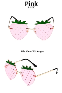 Pink strawberry shaped rimless sunglasses with green leaf accents and gold metal temples