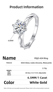Detail view showing a 1 carat moissanite ring with S925 silver stamp and size parameters