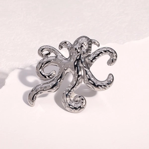 Octopus design silver stainless steel ring with detailed metal texture on white stone