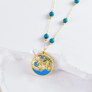 Collier doré palmier avec perles turquoise et pendentif tortue de mer pour vacances d'été