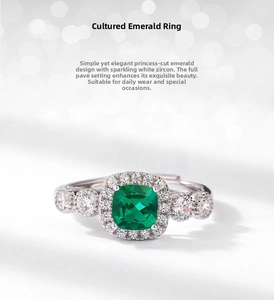 Macro shot of princess cut emerald ring in halo setting with S925 silver band