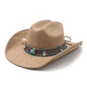 Ethnic Suede Western Cowboy Hat With Colorful Beads Tassels And Turquoise Wide Brim Outdoor Party Fedora For Men Women