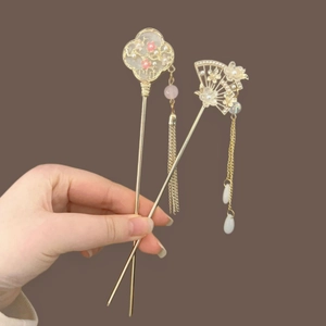 Ancient Chinese Style Alloy Hair Stick With Fan Flower Faux Artificial Pearl And Long Tassel Hanfu Retro Hairpin For Women