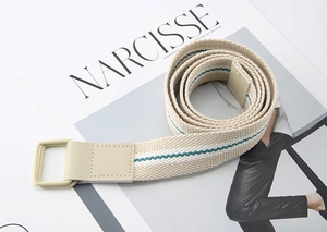 Detail of canvas striped belt featuring double D-ring buckle and teal wave pattern
