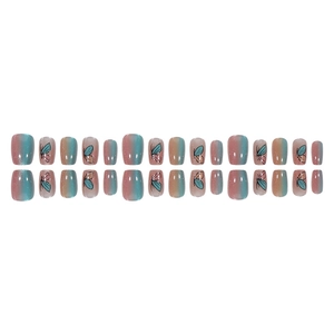 Short round butterfly press-on nails with blue-pink gradient and silver glitter finish