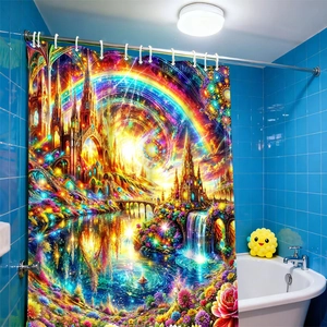 3D digital print fantasy castle shower curtain with rainbow and floral art patterns