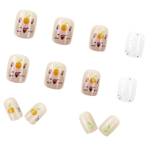 Cute Capybara press-on nails with cartoon orange motifs and minimalist beige finish