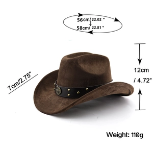 Détail des dimensions du chapeau de cowboy avec insigne de tête de taureau et clous