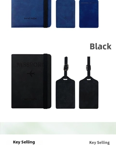 Detail of PU leather passport holder and luggage tag set with elastic strap and embossed logo
