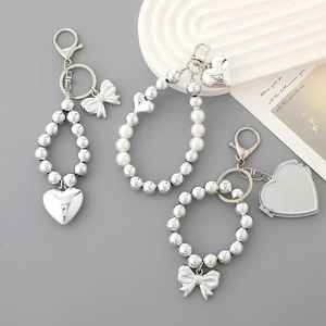 Silver Plated Beaded Keychain Heart Bow Pendant Fashion Bag Charm Versatile Mirror Accessory