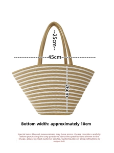 Detailed view of striped woven tote bag with dimensions showing 45cm top width and 26cm height