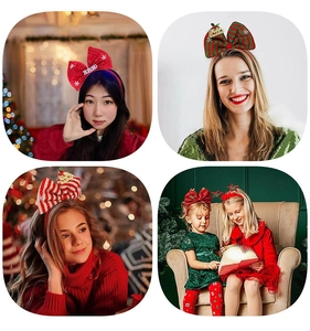 Close-up of Christmas headbands with sequins, bows and festive HOHOHO lettering details