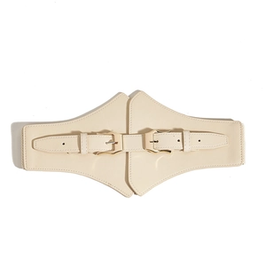 Fashionable beige wide elastic waist belt with faux leather double strap golden buckles