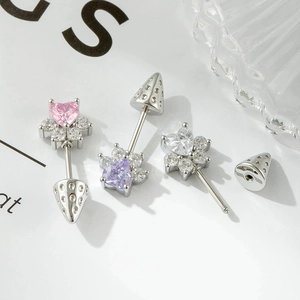 Three-piece heart zircon piercing jewelry set with colorful stones and textured cone tips