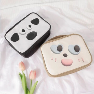 Portable PU cartoon makeup bag with cute dog and heart expressions in black and cream colors