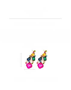 Macro detail of vintage square earrings with colorful rhinestones and size measurements