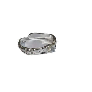 Irregular liquid metal texture S925 silver ring with moonstone accent on white background