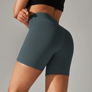 Close-up of high-waisted fitness shorts showing the butt-lifting design and dark grey blue fabric