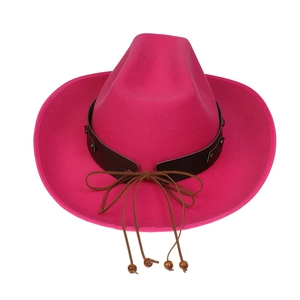 Detail of rose red wool felt cowboy hat with leather band, rivets and beaded drawstring