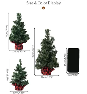 Size comparison chart for mini Christmas trees with burlap bases in cm and inches