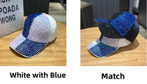 Dettaglio di berretti da baseball di alta qualità con strass incastonati in blu e bianco