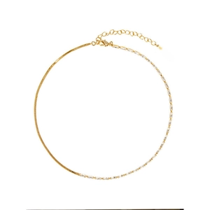 Minimalist gold snake chain necklace with sparkling zircon crystals in a spliced design