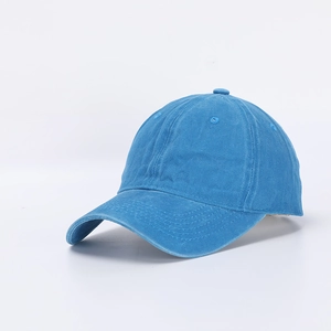 Classic washed blue cotton baseball cap with a curved brim and minimalist six-panel design
